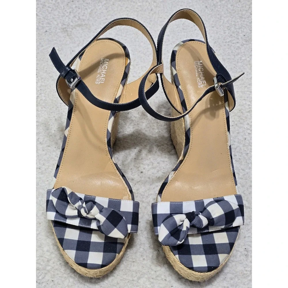 Michael Kors Gingham Espadrille Wedge Sandals Navy White Bow 11M